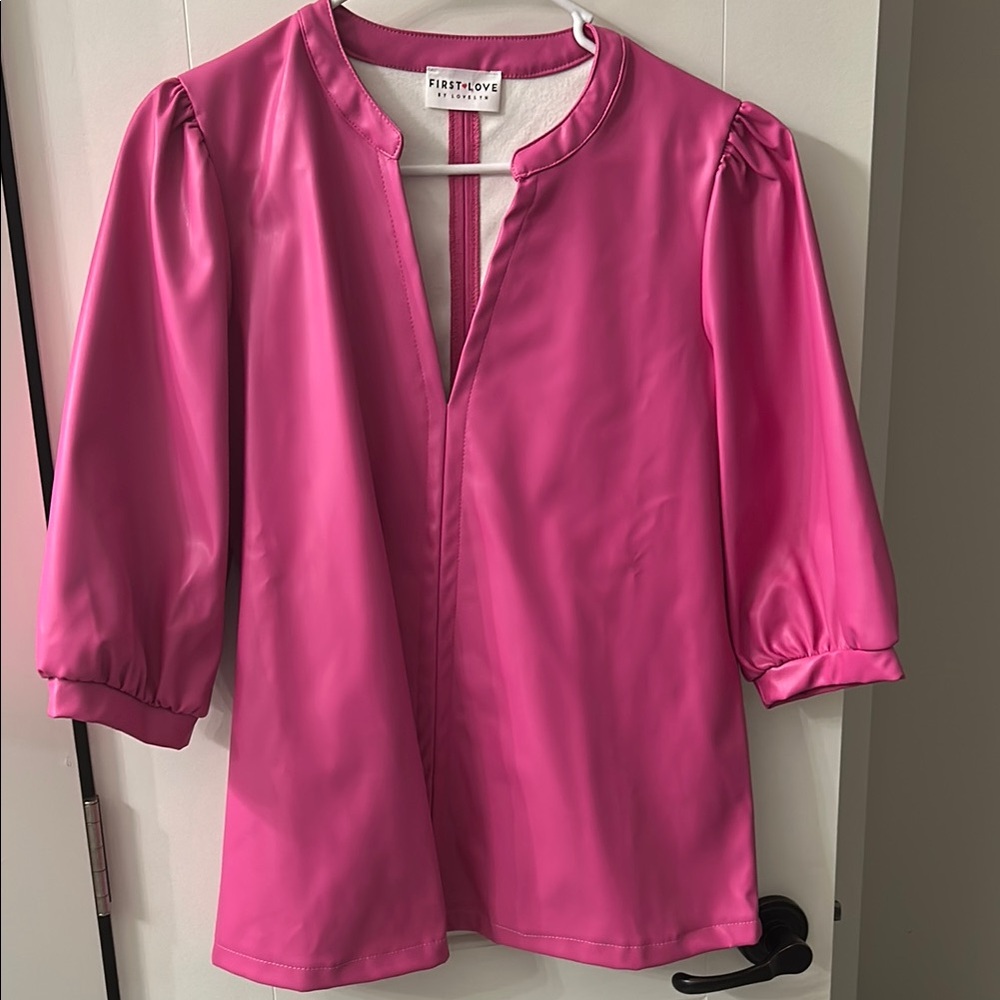 First Love Pink Puff Sleeve Blouse with Mandarin Collar